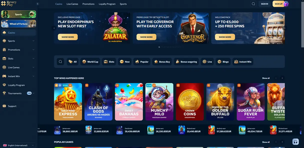 Reveryplay Casino Startseite mit Slots und Live-Spielen