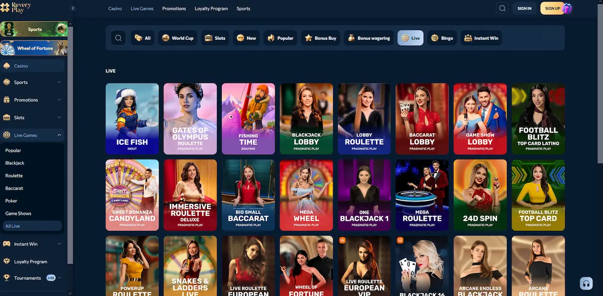 Live-Casino-Bereich im Reveryplay Casino