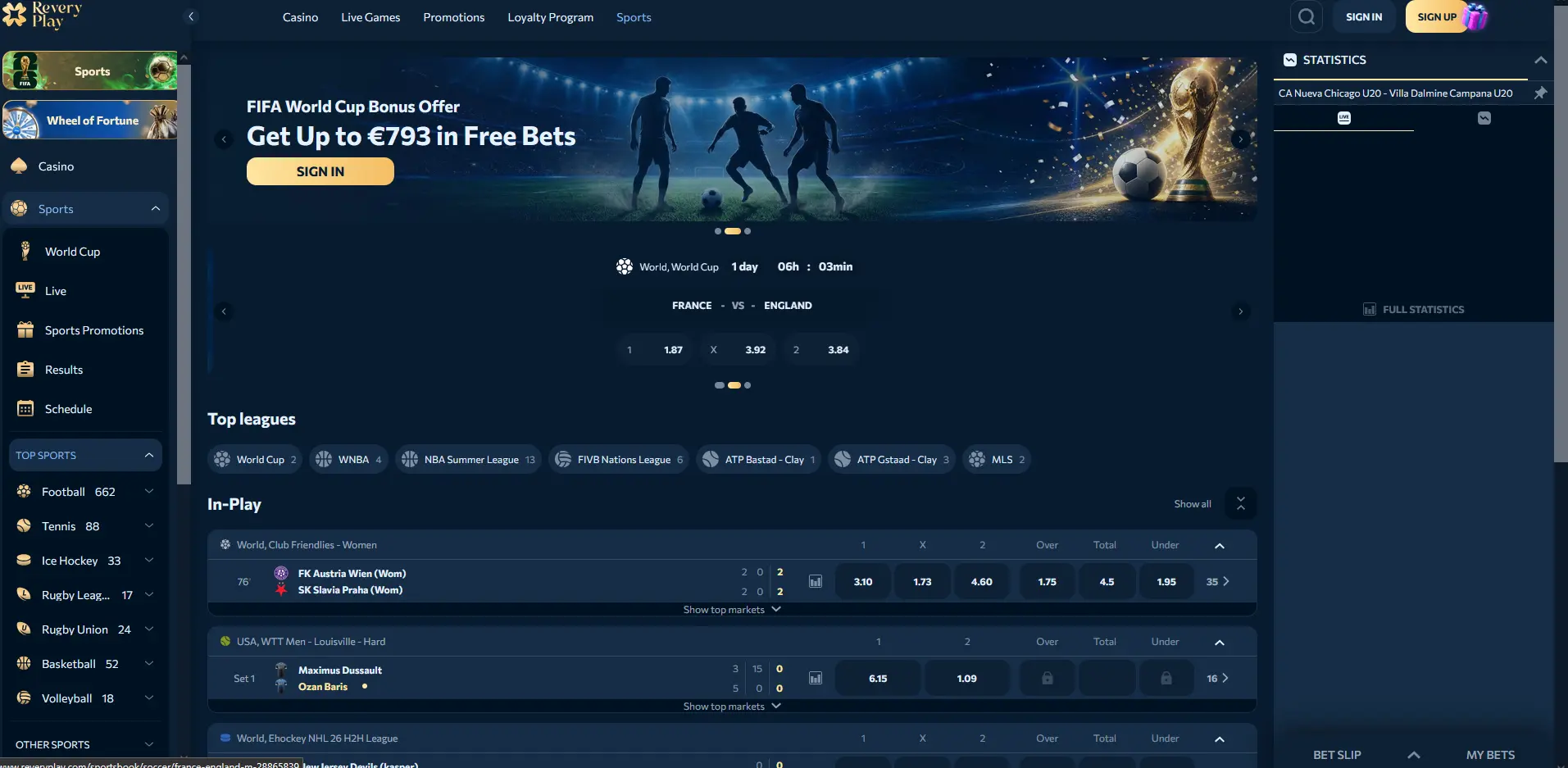 Sportwetten-Bereich im Reveryplay Casino